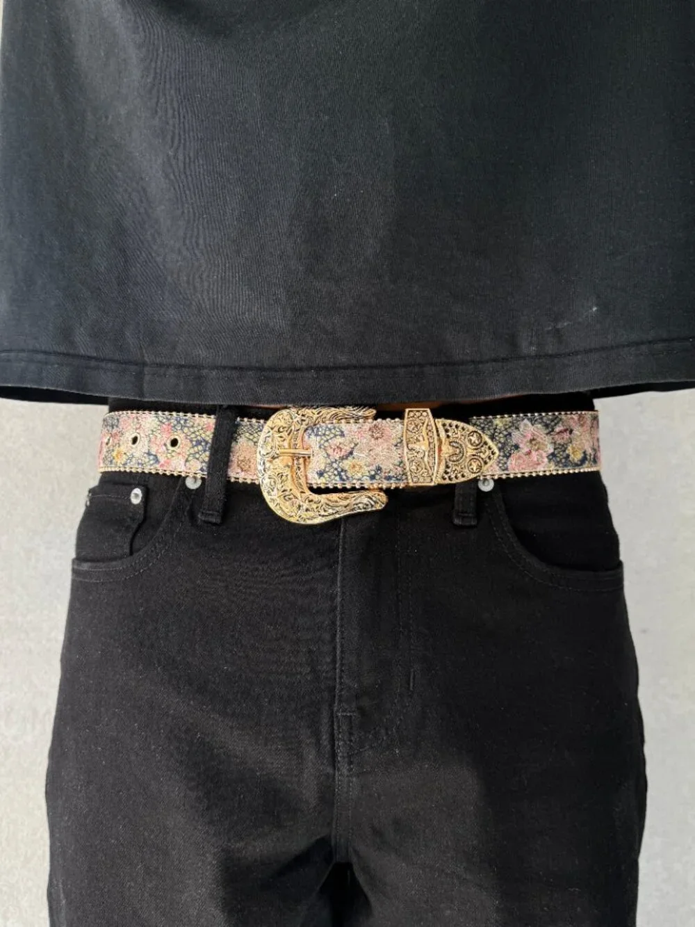 Vintage Pink Tapestry Gold Western Buckle Belt
